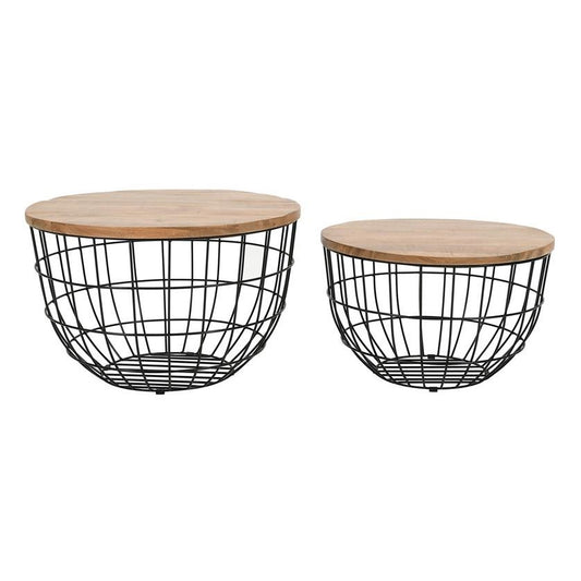 Two wire-basket tables with wooden tops, one large and one small.