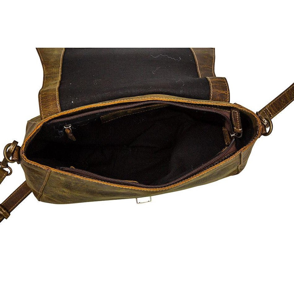 Open brown leather bag with a wide black interior.