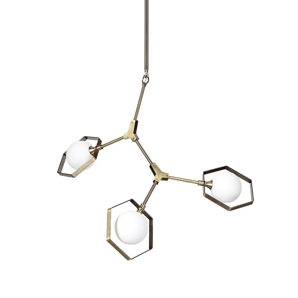 Modern chandelier with three globe lights and gold geometric frames.