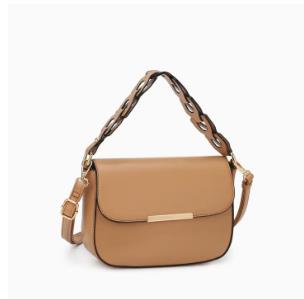 Tan handbag with a gold chain-accented strap and adjustable shoulder strap.