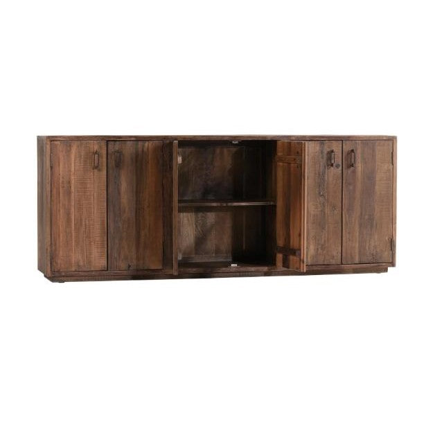 Side view of a tall, narrow wooden cabinet with a rustic finish.