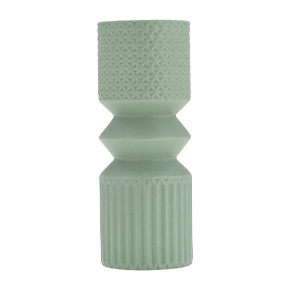 Mint green textured ceramic vase with geometric patterns.