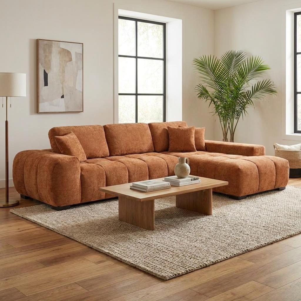 Cozy living room with a brown sectional sofa and modern decor.