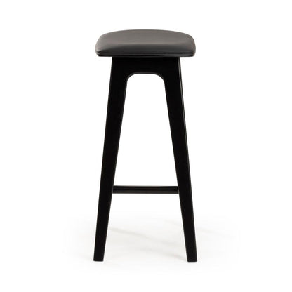 Sleek black bar stool with a cushioned seat and minimalist design.