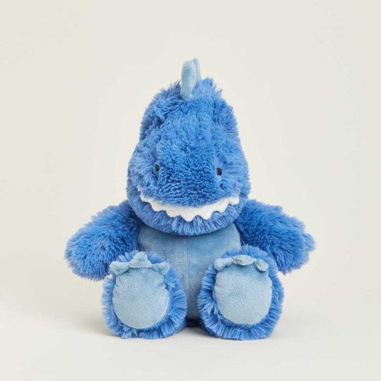 Fluffy blue dinosaur plush toy with a friendly smile.