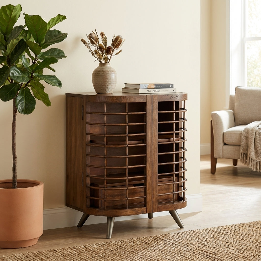 Wooden cabinet with a unique woven design and angled legs.