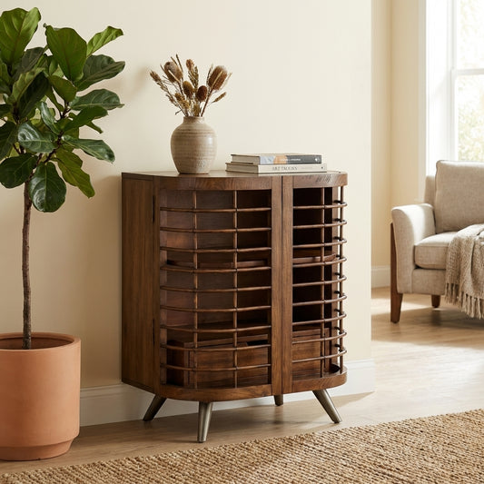 Wooden cabinet with a unique woven design and angled legs.