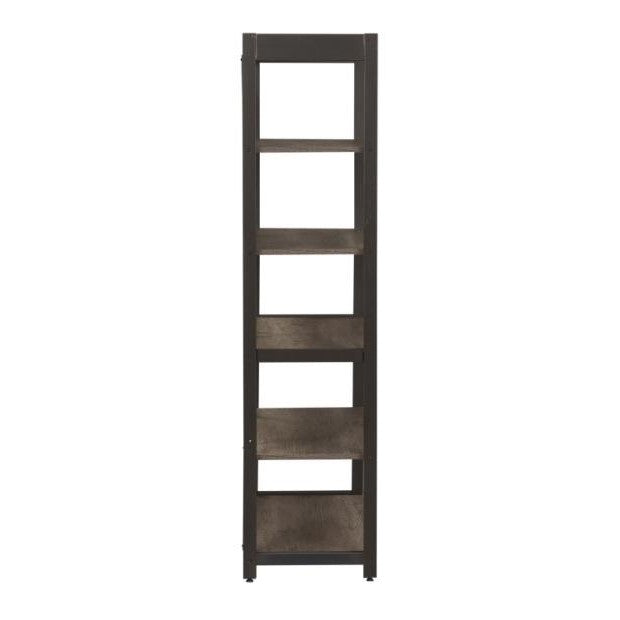 Tall, narrow wooden bookshelf with five shelves, dark finish.