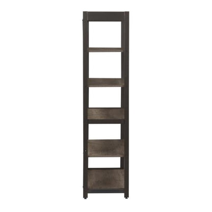 Tall, narrow wooden bookshelf with five shelves, dark finish.