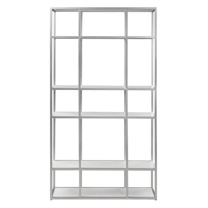 White, minimalist shelving unit with five rows and multiple compartments.