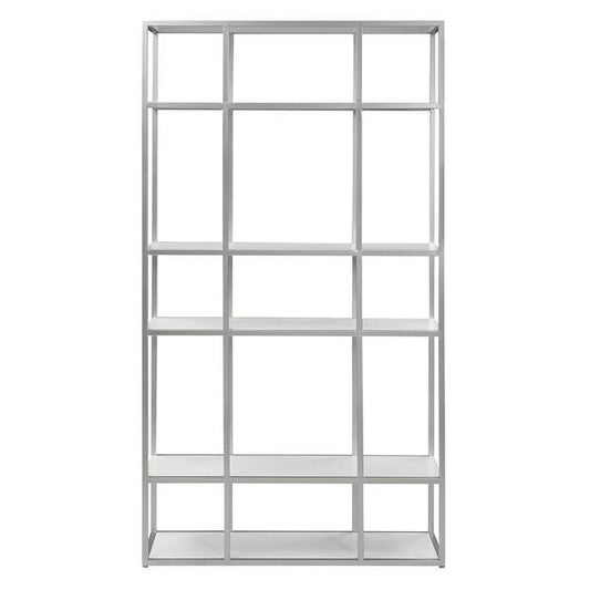 White, minimalist shelving unit with five rows and multiple compartments.