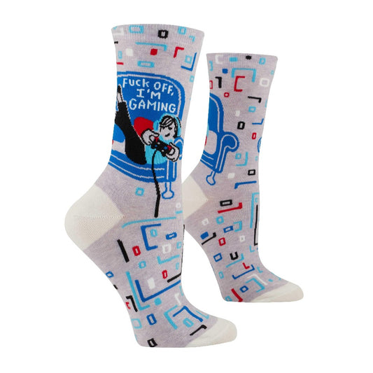 Colorful socks with a gamer design and humorous text.