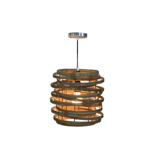 Modern rattan pendant light with a spiral design.