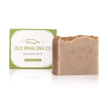 Handmade bar soap with packaging from Old Whaling Co., coconut milk variety.