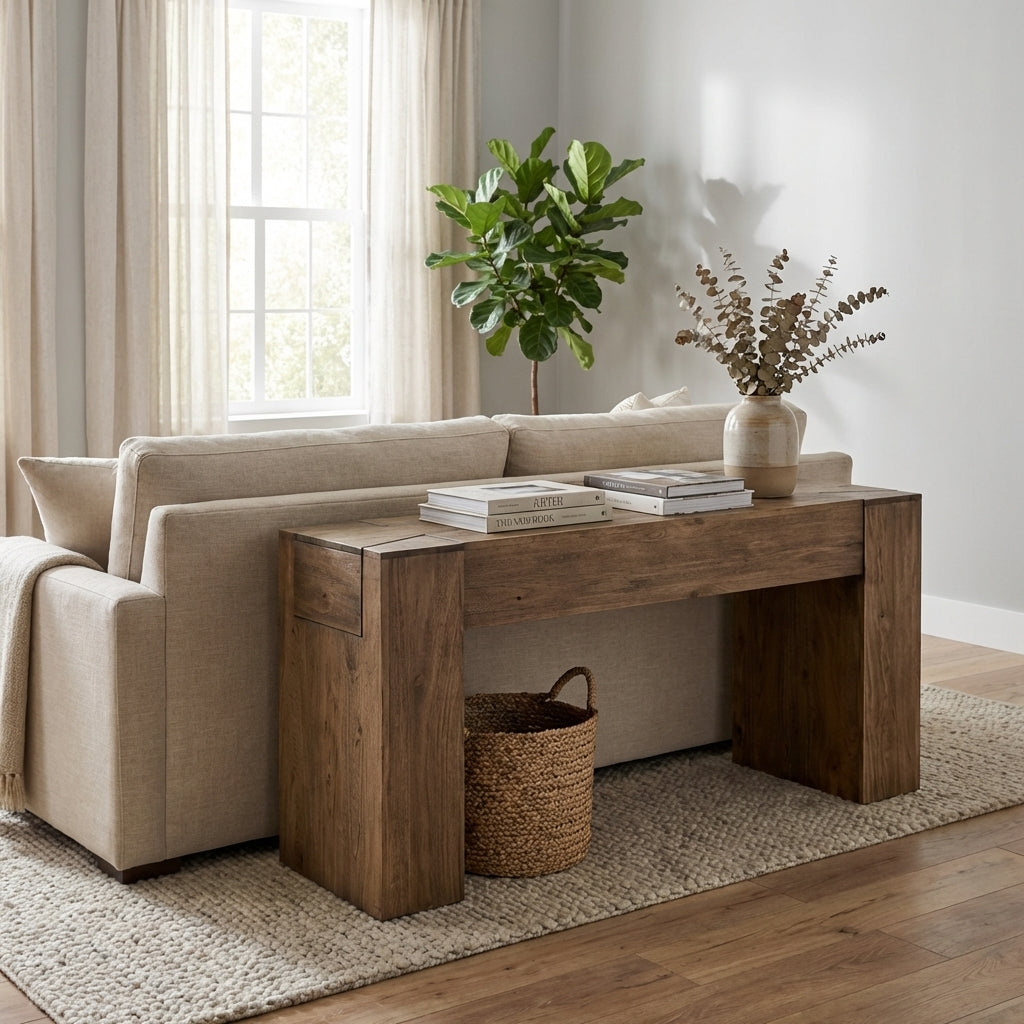 Wooden bench with a minimalist, rectangular design.