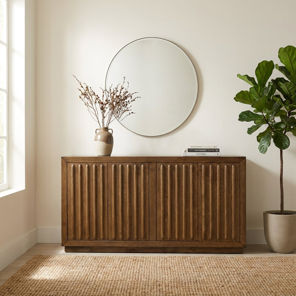 Wooden sideboard with vertical grooves on its doors.