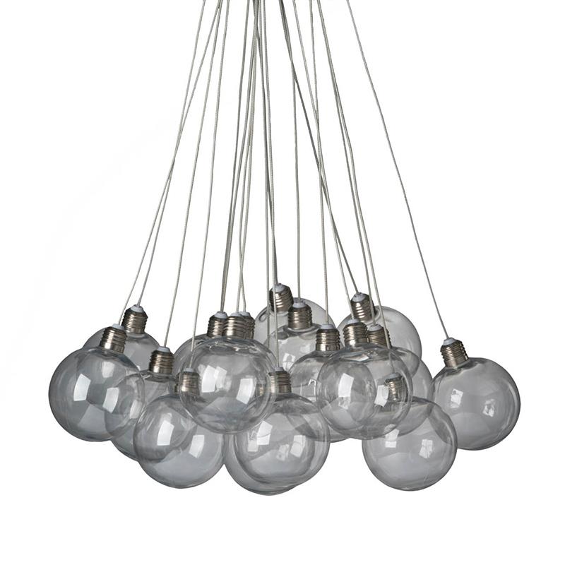 Cluster of hanging clear glass bulbs on wires.