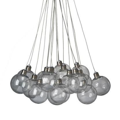 Cluster of hanging clear glass bulbs on wires.