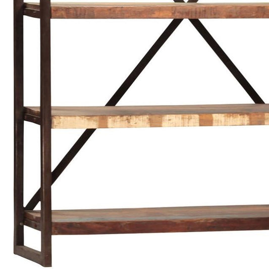 Wood and metal bookshelf with industrial design.