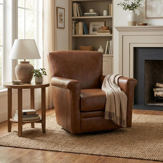 Cozy room with leather chair, side table, and fireplace.