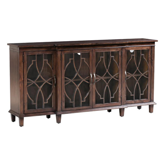 Elegant wooden sideboard with intricate glass door design.