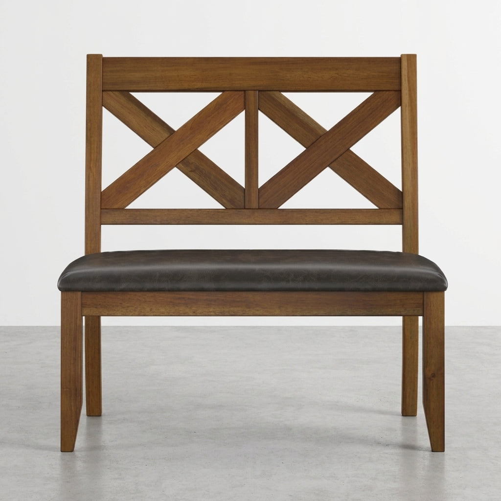 Wooden chair with cross-back design and cushioned seat.