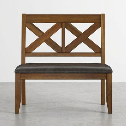 Wooden chair with cross-back design and cushioned seat.