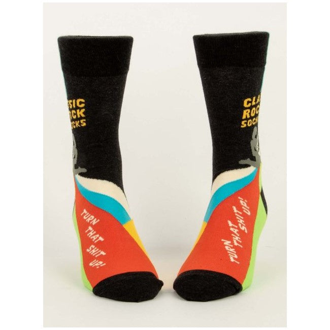 Colorful socks with text "Classic Rock Socks" and "Turn That Shit Up!"