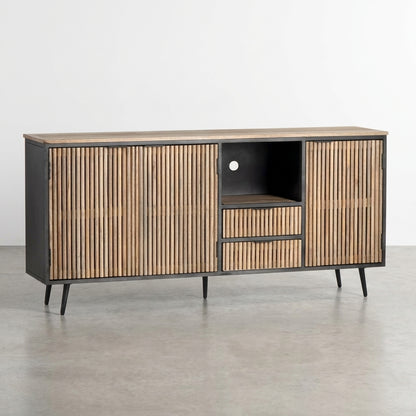 Wooden sideboard with open doors and shelves, featuring slatted and solid panels.