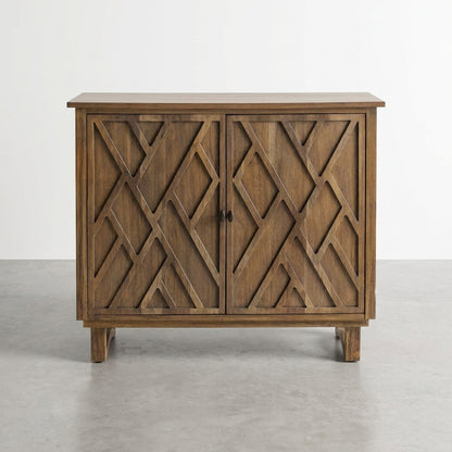 Wooden cabinet with open doors and a shelf inside.