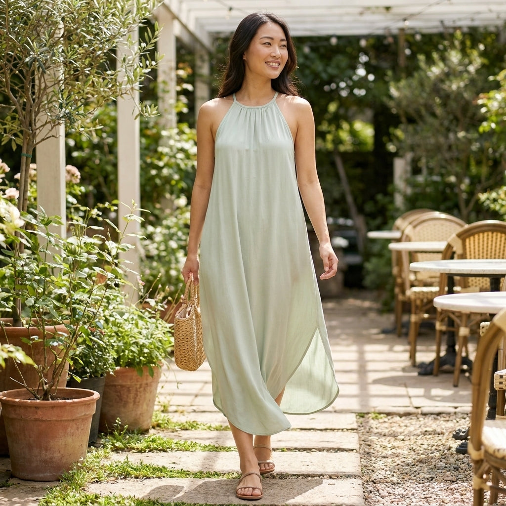 Woman in a green dress walks through a garden, holding a woven bag.