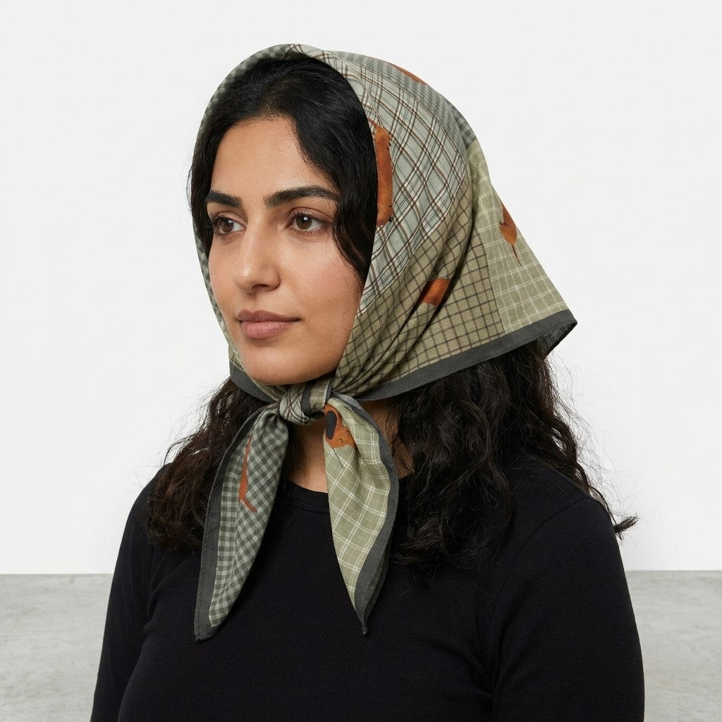 Woman with a patterned scarf tied around her head, wearing a black shirt.