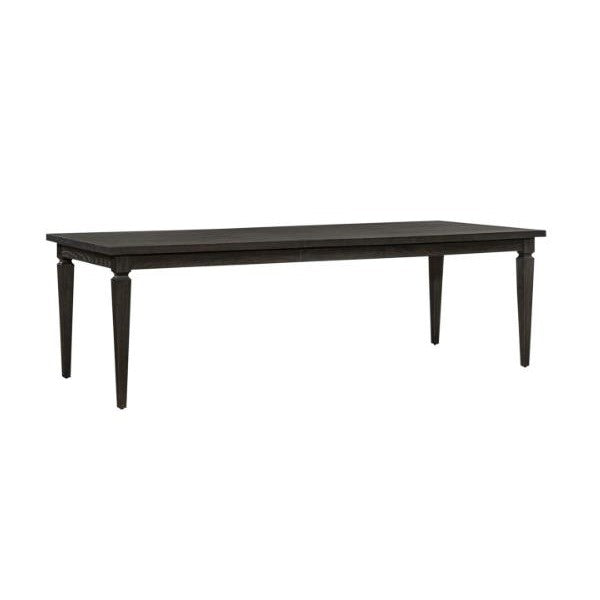 Dark wood dining table with tapered legs.
