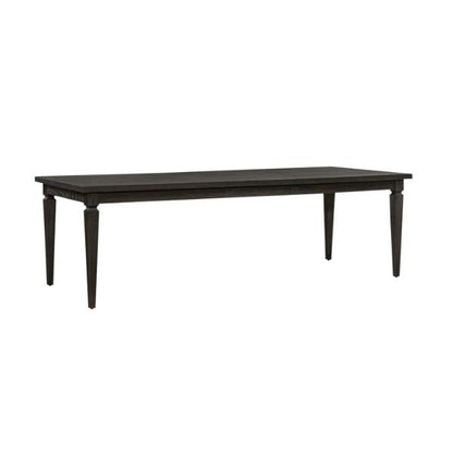 Dark wood dining table with tapered legs.