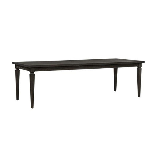 Dark wood dining table with tapered legs.