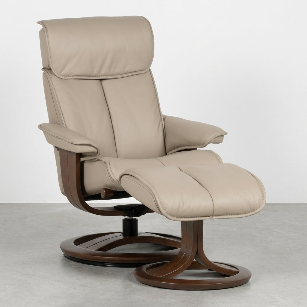 Beige recliner with a wooden swivel base.