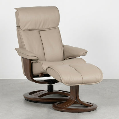 Beige recliner with a wooden swivel base.