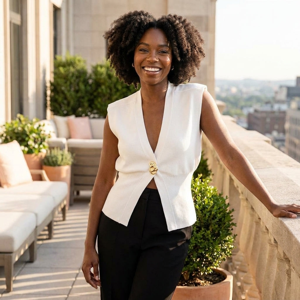 Smiling woman in a white top, standing on a sunny balcony.