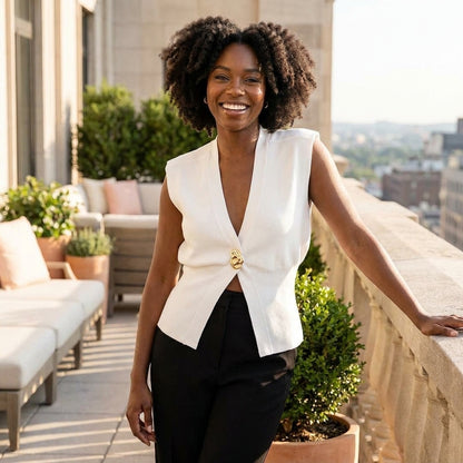Smiling woman in a white top, standing on a sunny balcony.