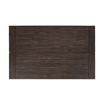 Dark wooden table with visible grain, rectangular shape.