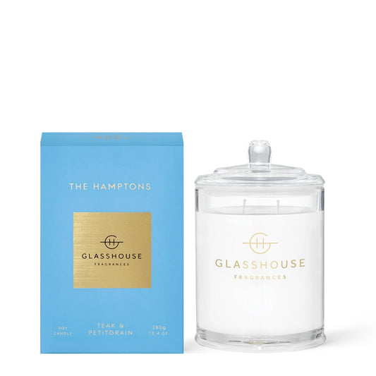 Glasshouse Fragrances candle in blue box; "The Hamptons" scent.
