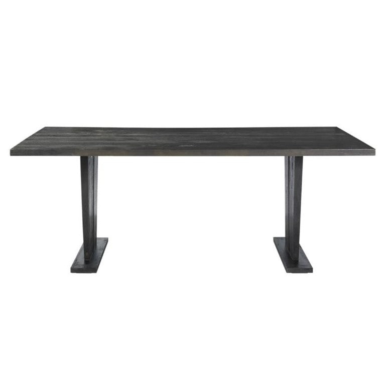 A sleek metal table with a dark finish and sturdy design.