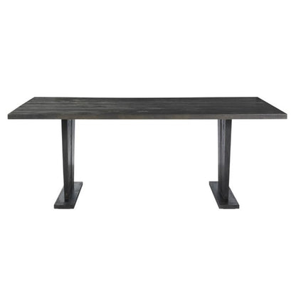 A sleek metal table with a dark finish and sturdy design.