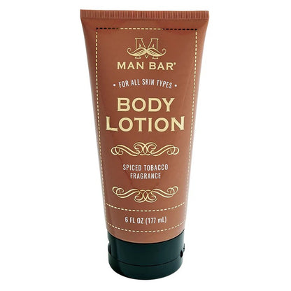 Brown body lotion tube with spiced tobacco fragrance.