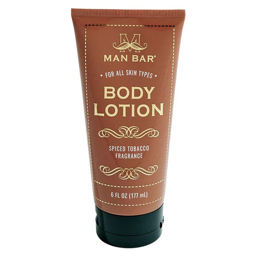 Brown body lotion tube with spiced tobacco fragrance.