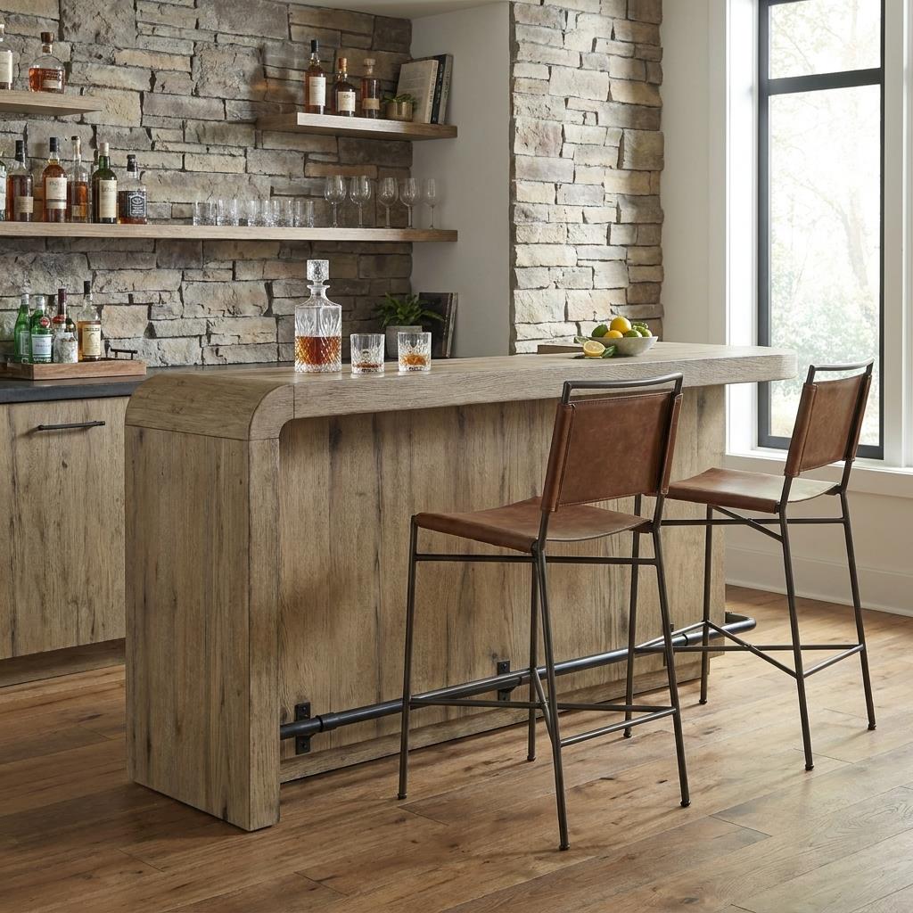 Rustic home bar with stone wall, wooden stools, and liquor display.