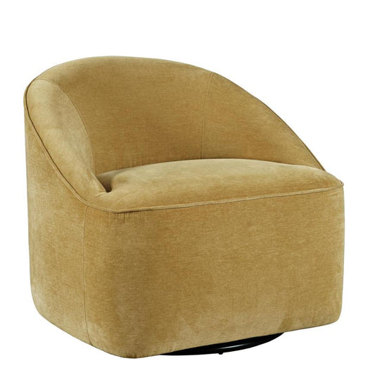 Beige, plush swivel chair with a rounded back design.