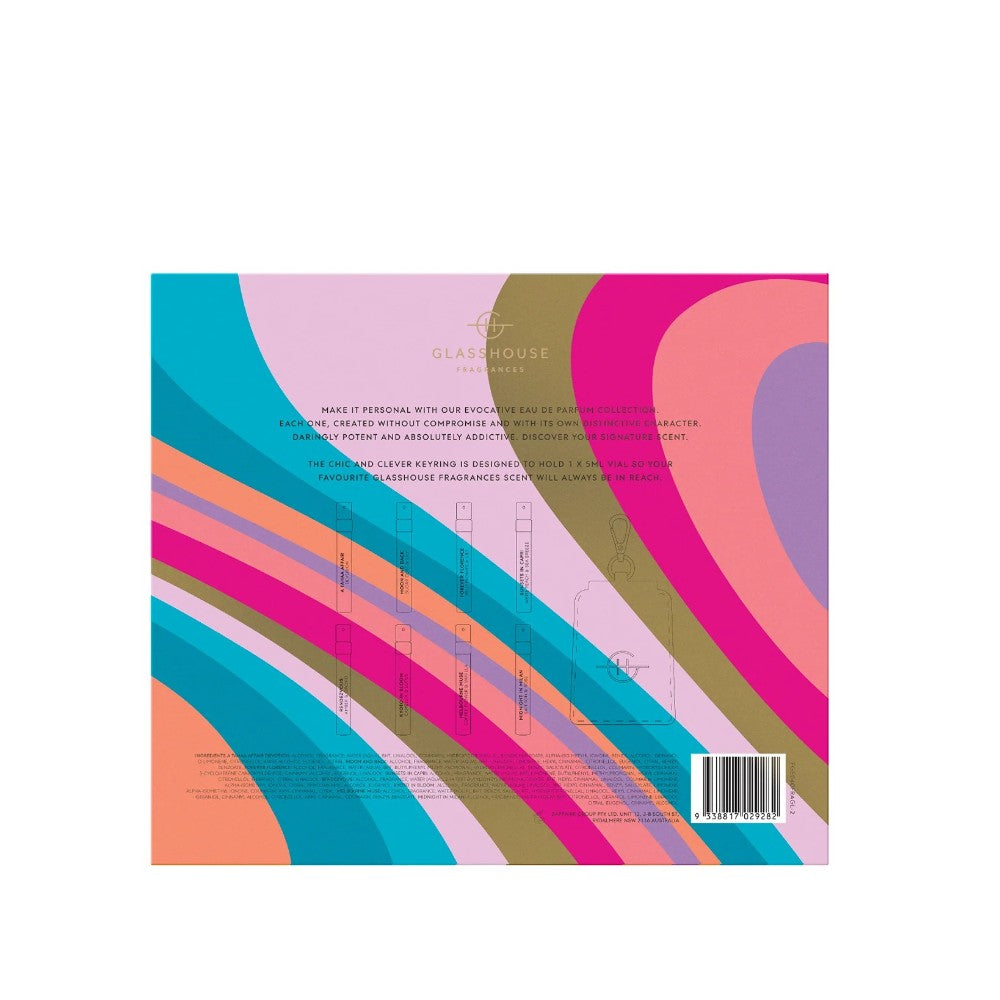 Colorful abstract design with "Glasshouse Fragrances" branding and keyring description.