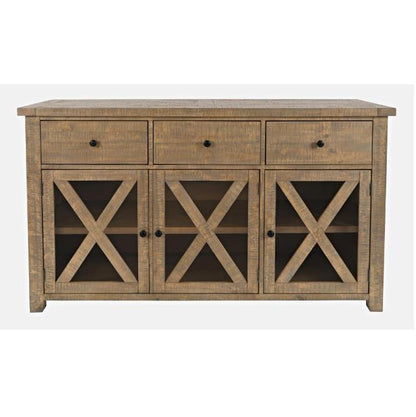 Rustic wooden sideboard with three drawers and cross-patterned cabinet doors.