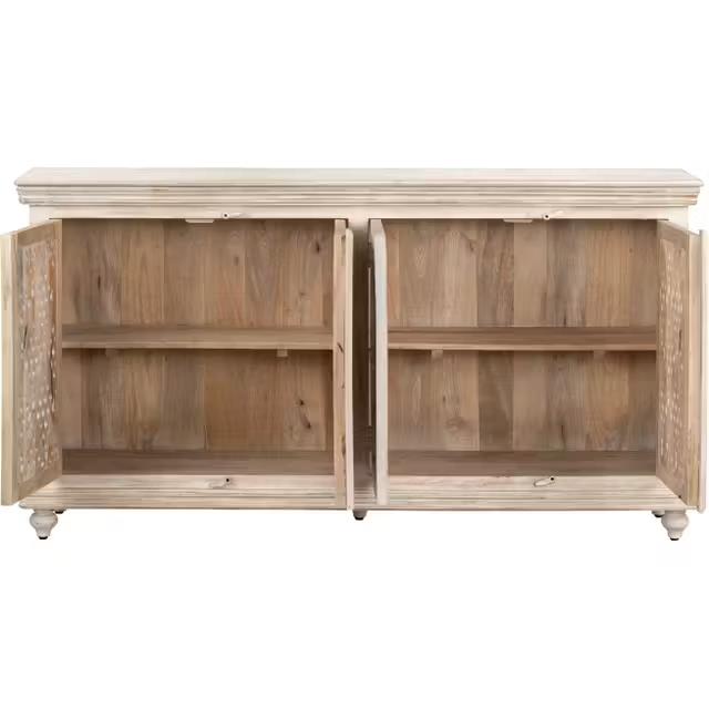 Open wooden cabinet with two ornate doors and shelves.